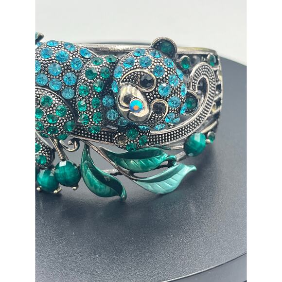 Panda Blue Green Enamel Rhinestone Crystals Hinged Animal Theme Bangle - Picture 3 of 7